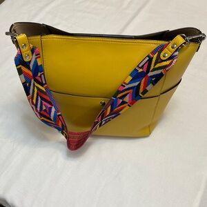 Bromen Yellow Shoulder Tote Bag With Removable Multi Colored Strap